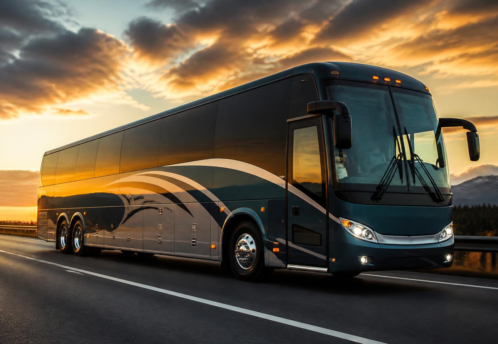 Luxury National Charter Buses motor coach on the highway at sunset